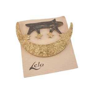 Lela Moon Dog and Stars Brooch Pin Vintage Signed